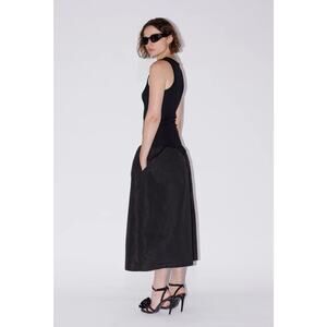 Saemdi Sporty Peplum Drop Waist Ribbed Poplin Midi Dress Black Small